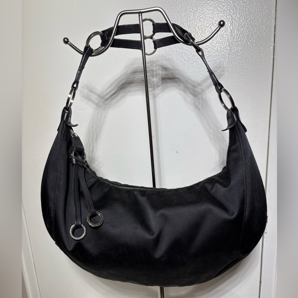 LONGCHAMP SATIN Hobo/Crescent Shoulder Bag W/Leather trim  #587671  in Black